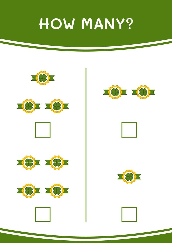 How many of Clover badge, game for children. Vector illustration, printable worksheet