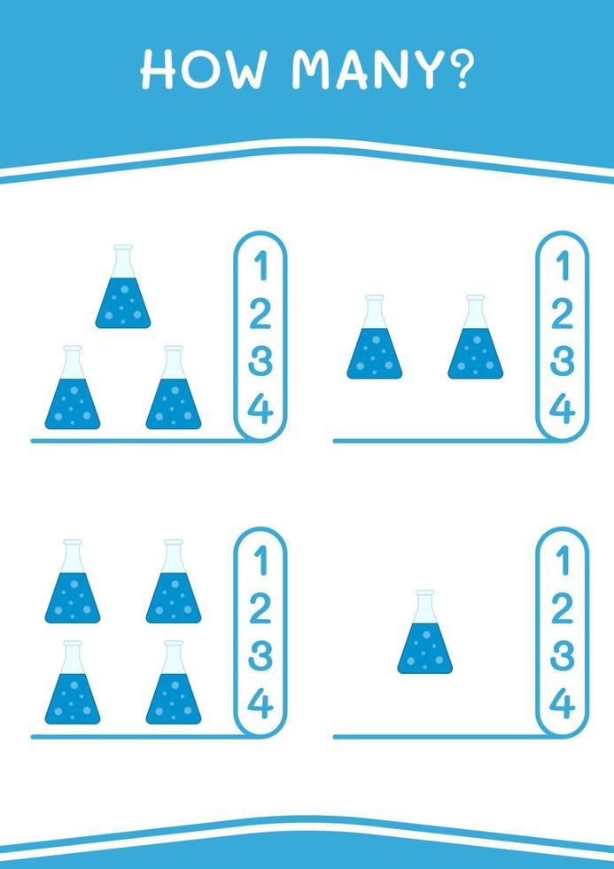 How many of Chemistry flask, game for children. Vector illustration, printable worksheet