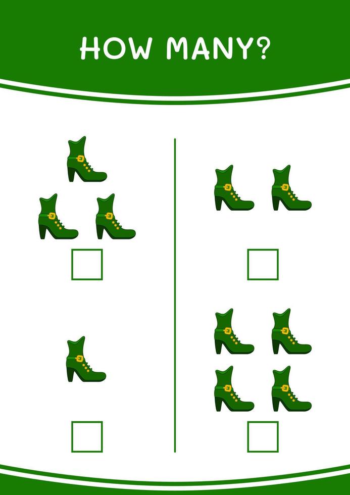 How many of Leprechaun boot, game for children. Vector illustration, printable worksheet