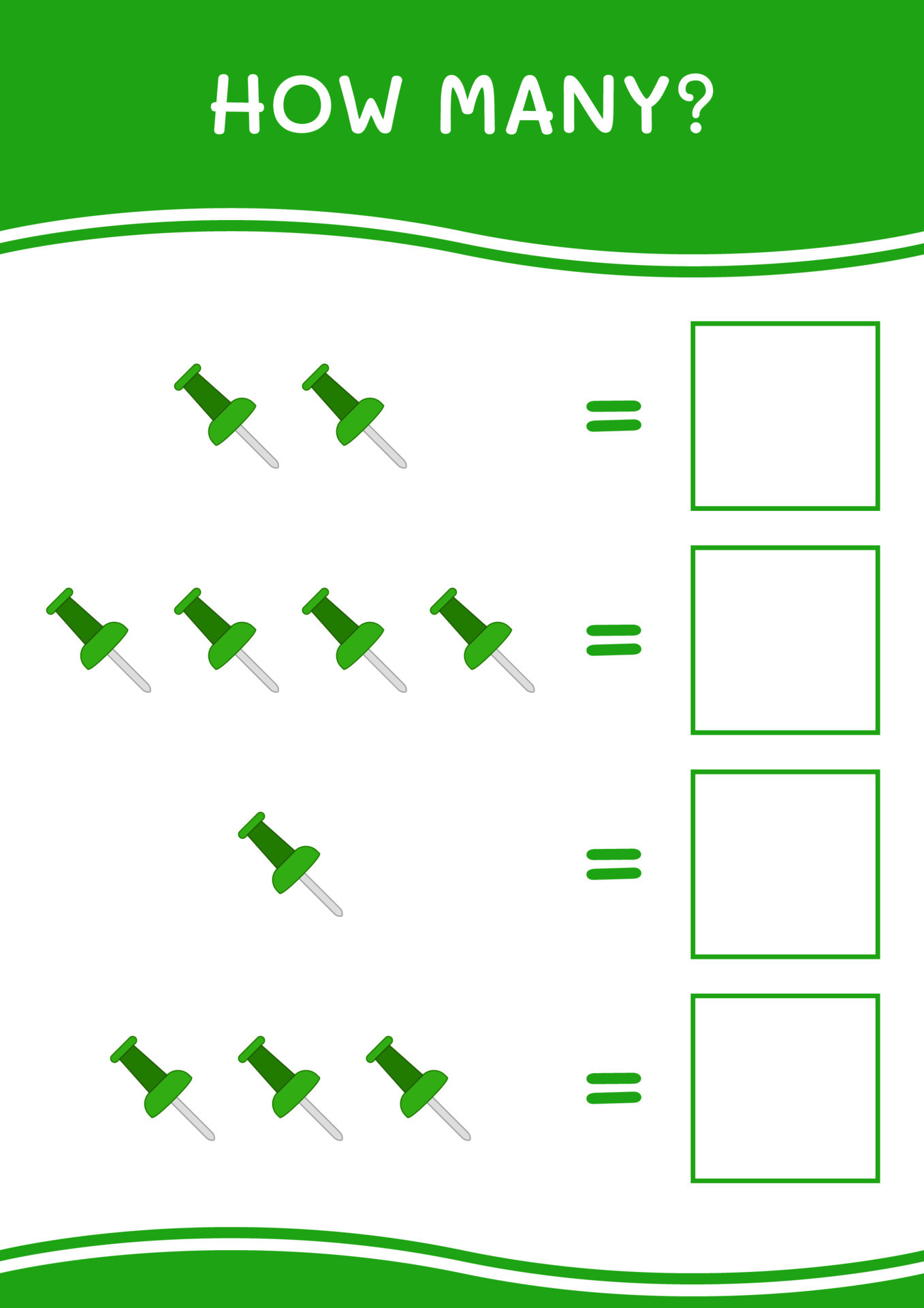 How many of Push pin, game for children. Vector illustration, printable