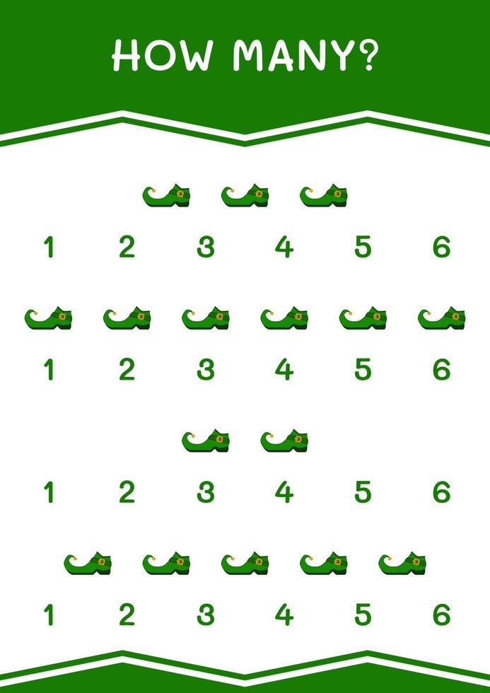 How many of Leprechaun boot, game for children. Vector illustration, printable worksheet