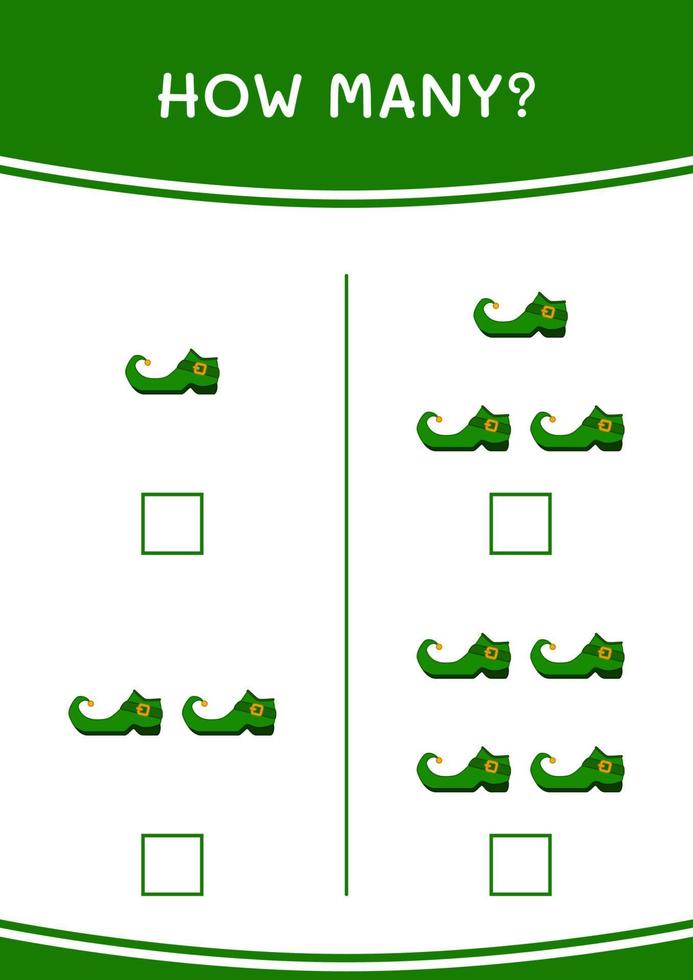 How many of Leprechaun boot, game for children. Vector illustration, printable worksheet