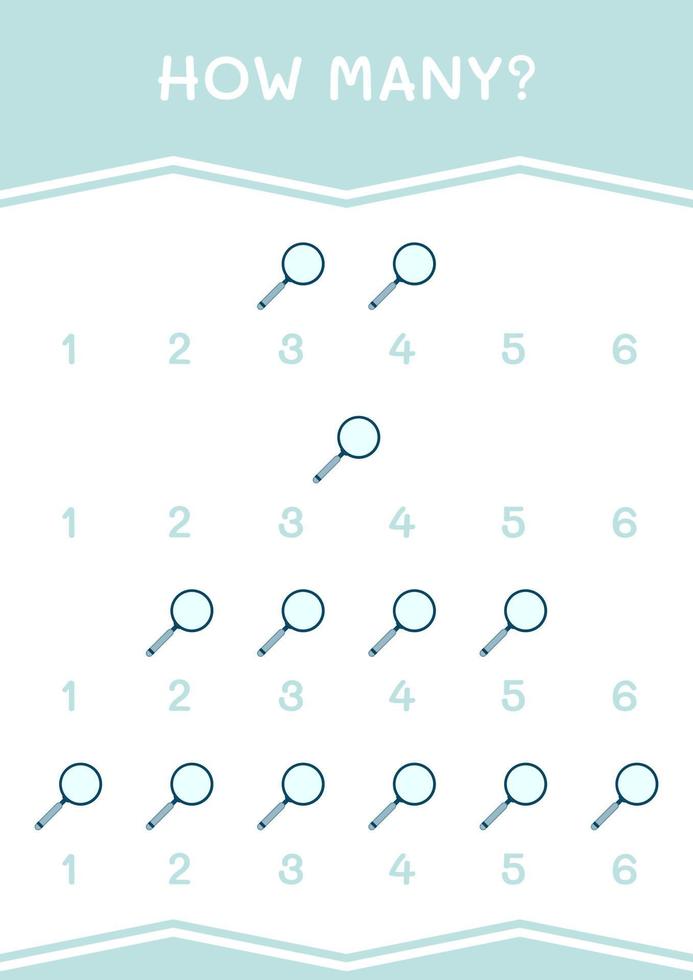How many of Magnifying glass, game for children. Vector illustration, printable worksheet