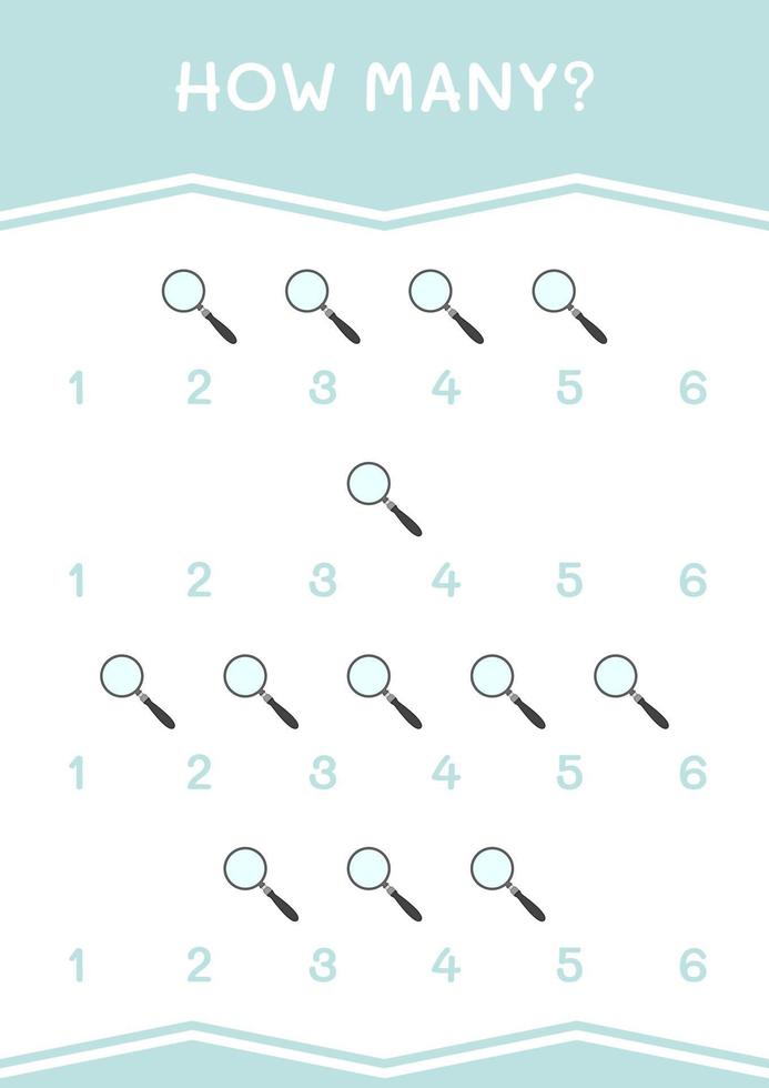 How many of Magnifying glass, game for children. Vector illustration, printable worksheet
