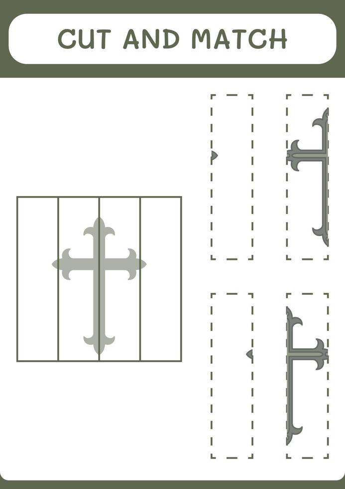 Cut and match parts of Christian cross, game for children. Vector illustration, printable worksheet