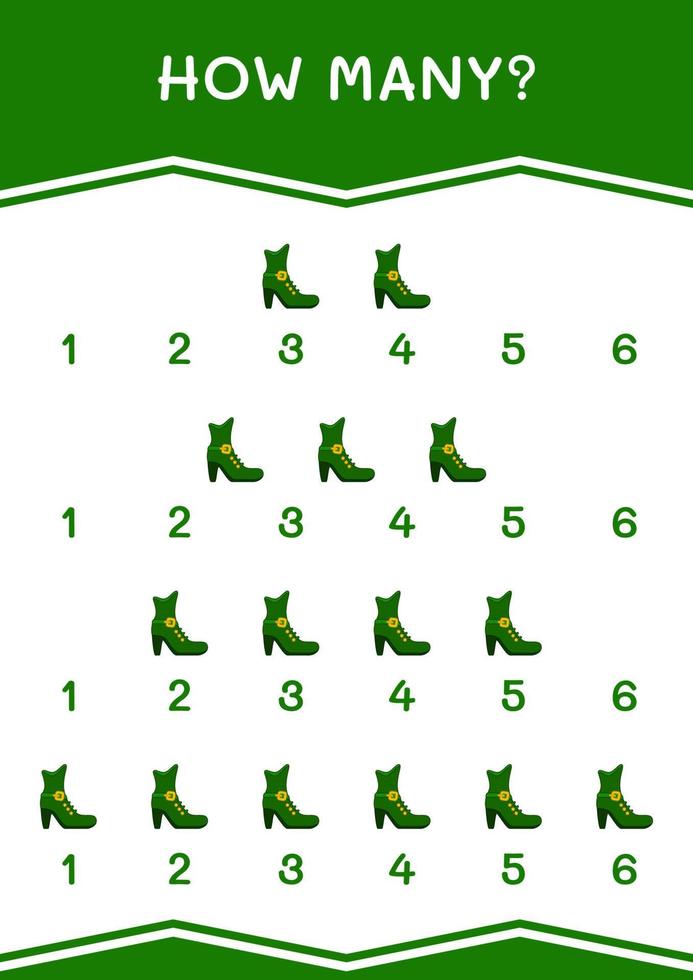 How many of Leprechaun boot, game for children. Vector illustration, printable worksheet