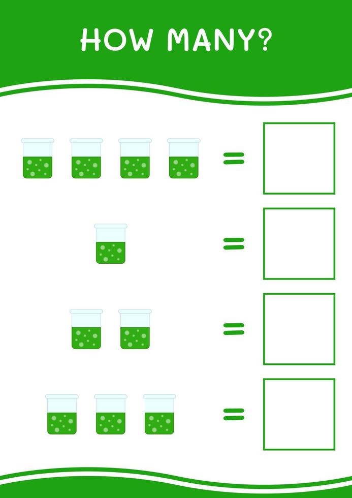 How many of Chemistry flask, game for children. Vector illustration, printable worksheet