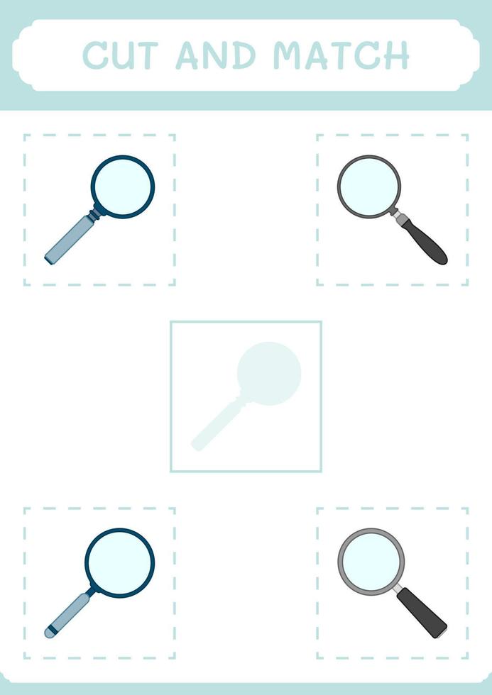 Cut and match parts of Magnifying glass, game for children. Vector illustration, printable worksheet