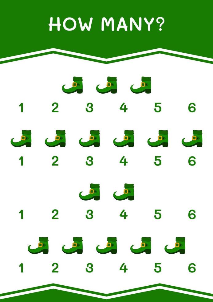 How many of Leprechaun boot, game for children. Vector illustration, printable worksheet