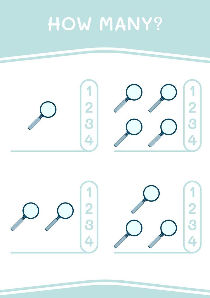 How many of Magnifying glass, game for children. Vector illustration, printable worksheet