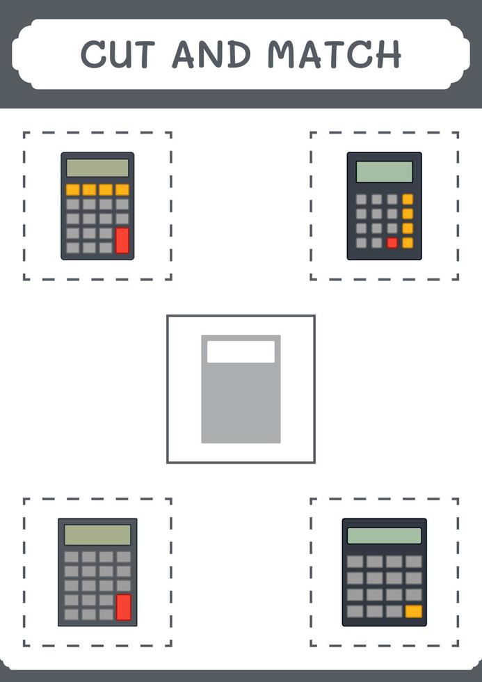 Cut and match parts of Calculator, game for children. Vector illustration, printable worksheet