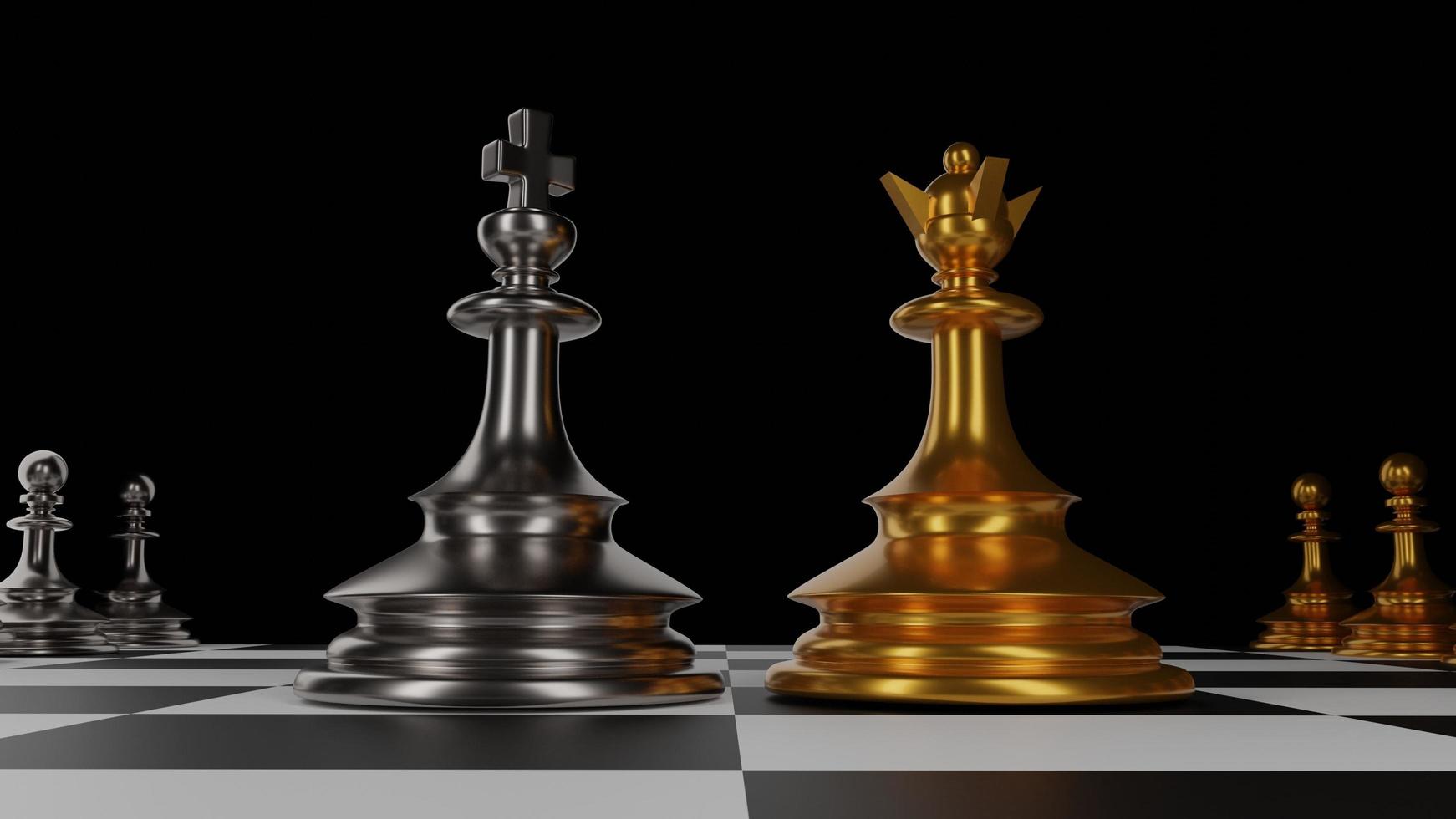 The King in battle chess game stand on chessboard with black isolated background. Concept business strategy, planning and decision.3d rendering. photo