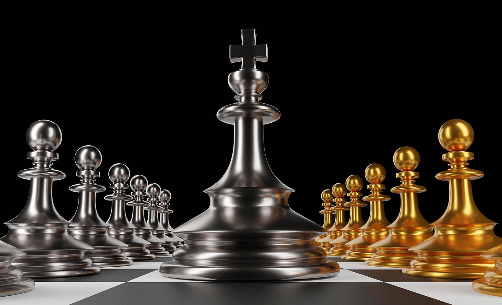 el rey en el juego de ajedrez de batalla se encuentra en el tablero de ajedrez con fondo negro aislado. concepto de estrategia empresarial, planificación y decision.3d rendering. foto