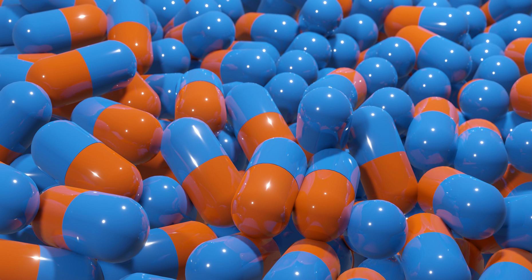 3d rendering of blue and orange pills Corona virus Covid-19. Pandemic Protection Covid-19 vaccine capsule science biochemical medical concept. photo