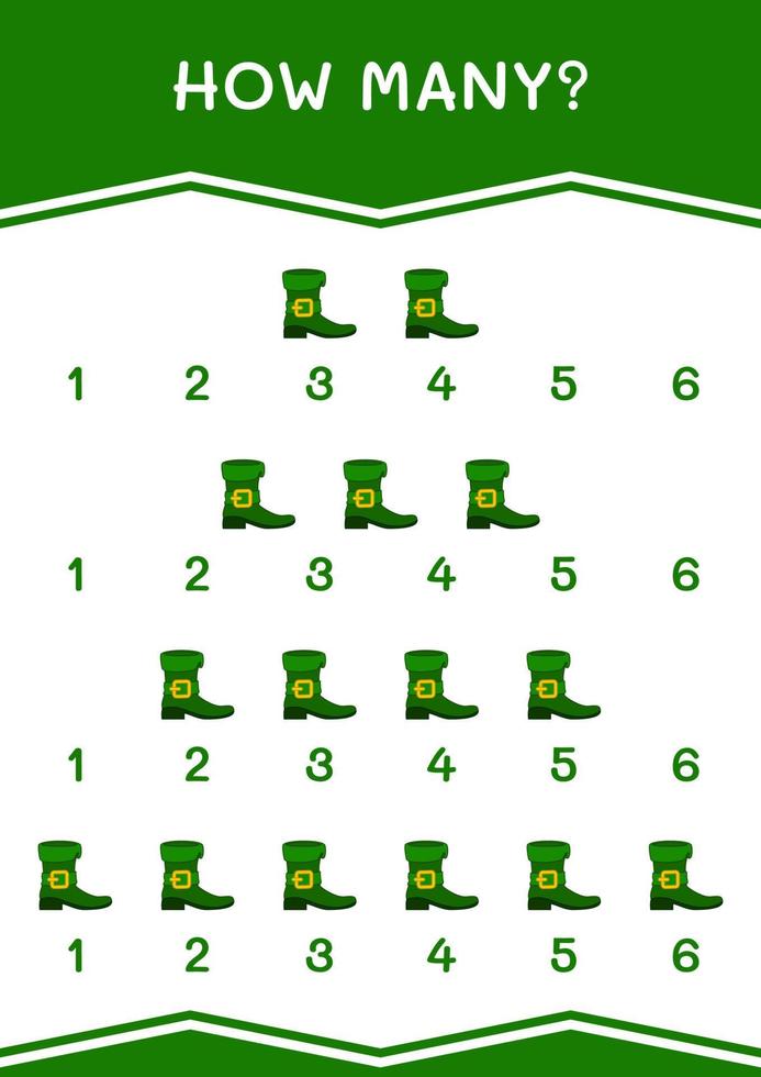 How many of Leprechaun boot, game for children. Vector illustration, printable worksheet