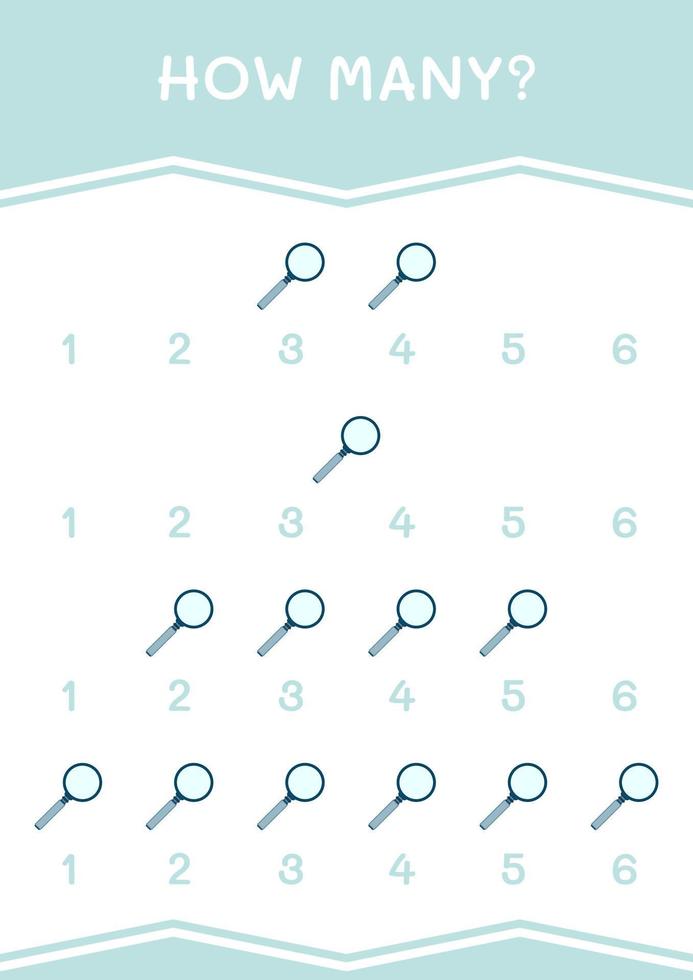 How many of Magnifying glass, game for children. Vector illustration, printable worksheet