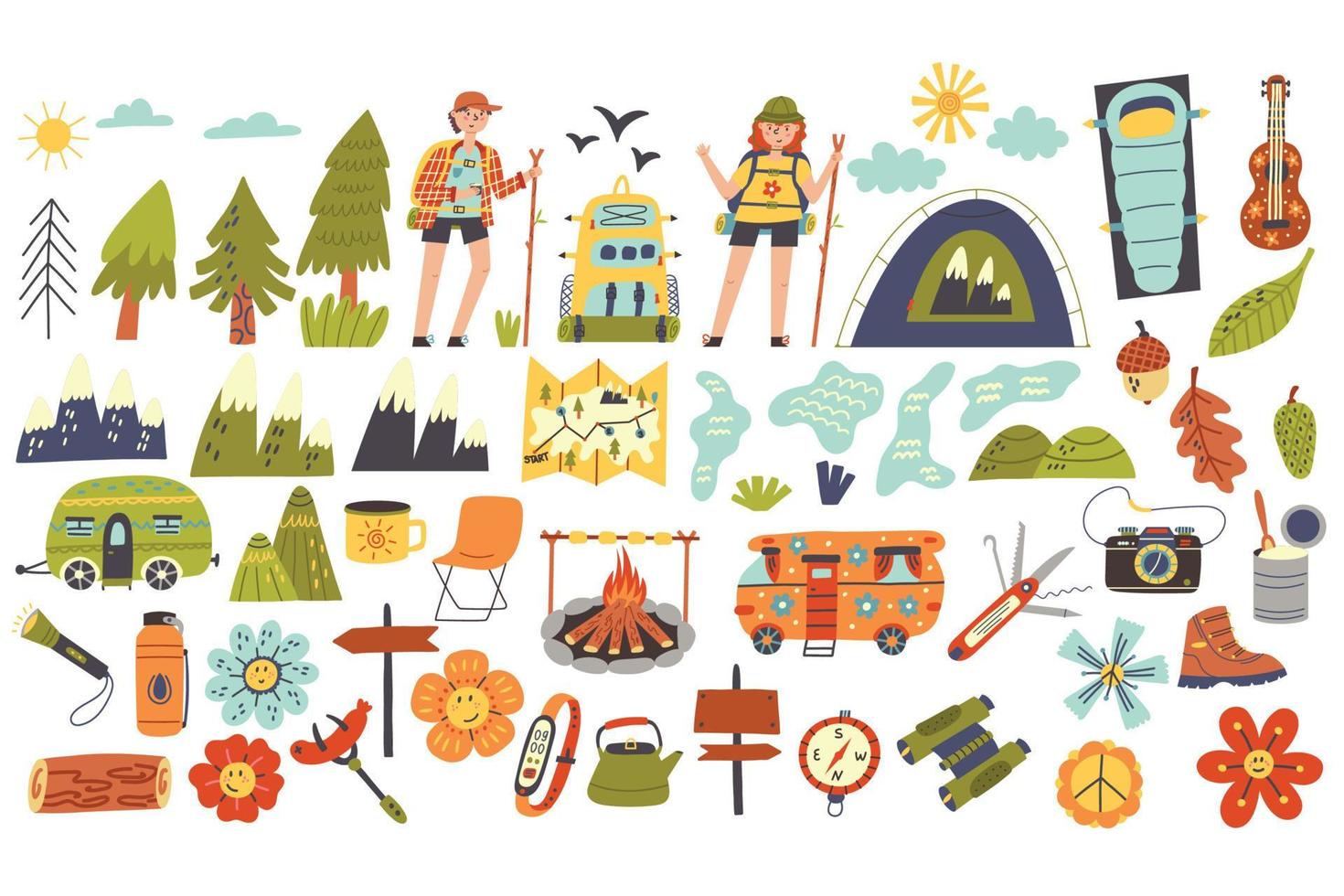 Set collection of hiking camping items and characters vector