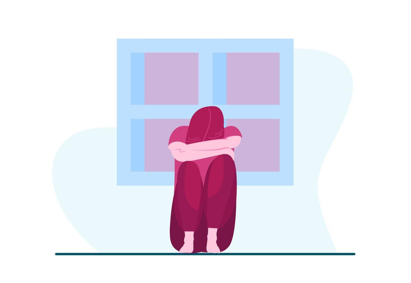 Depressed Lonely Woman Feeling Sad Conceptual Flat Illustration Design vector