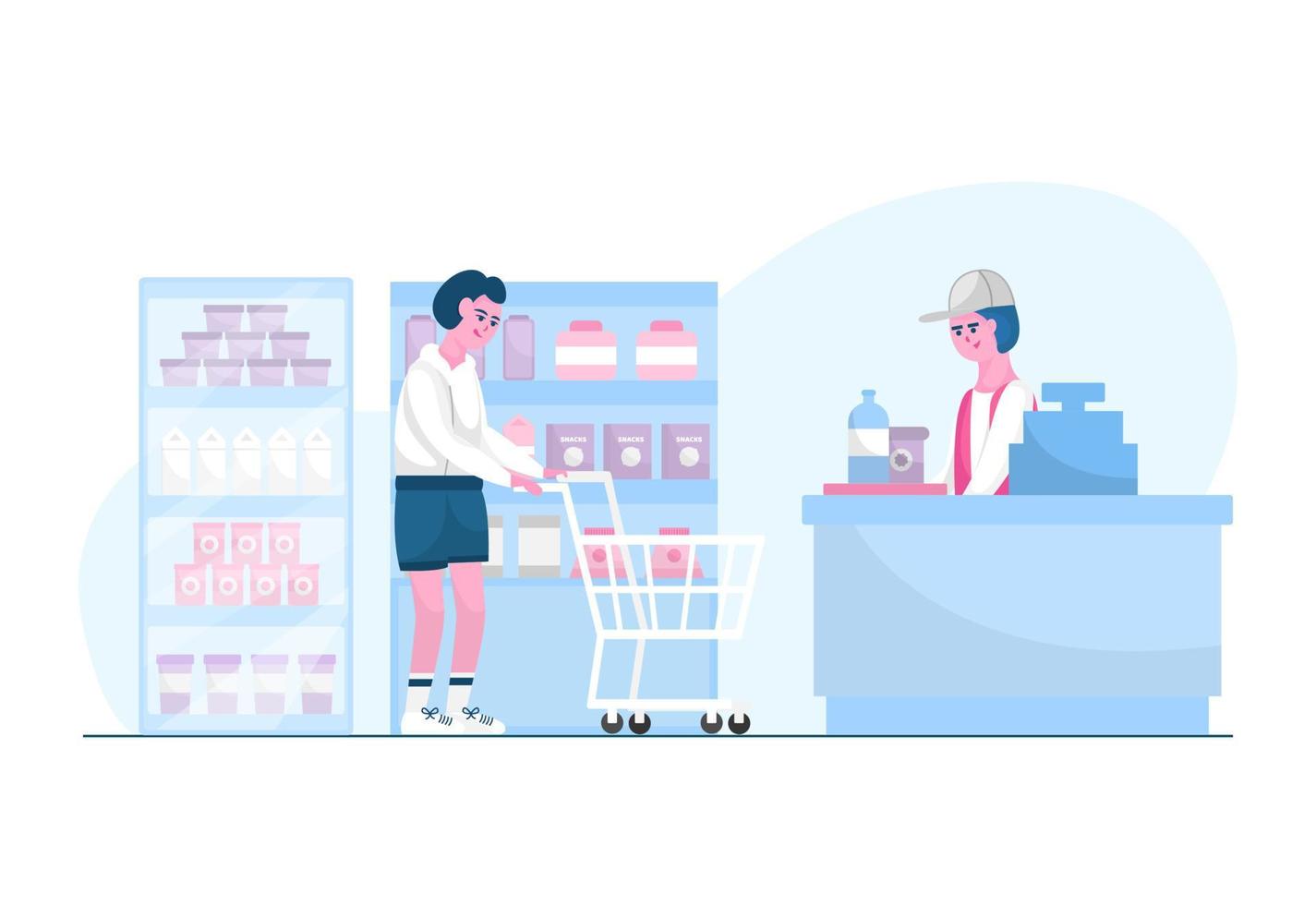 Grocery Store People Buying Groceries Supermarket Flat Illustration vector