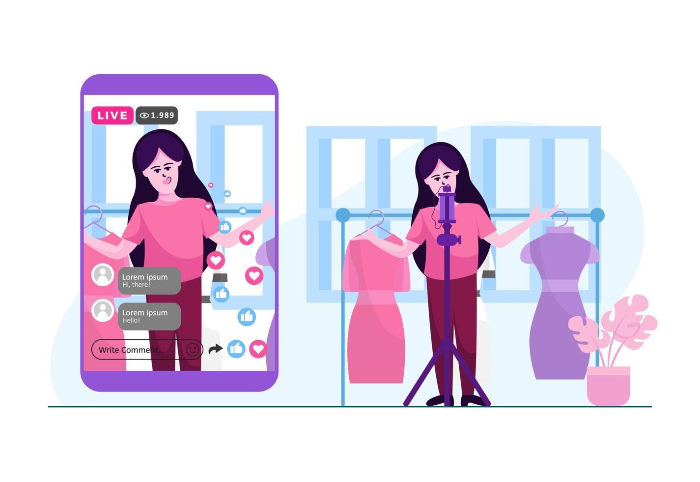 Online Clothing Selling Livestream Vlogging Flat Illustration Concept Design vector