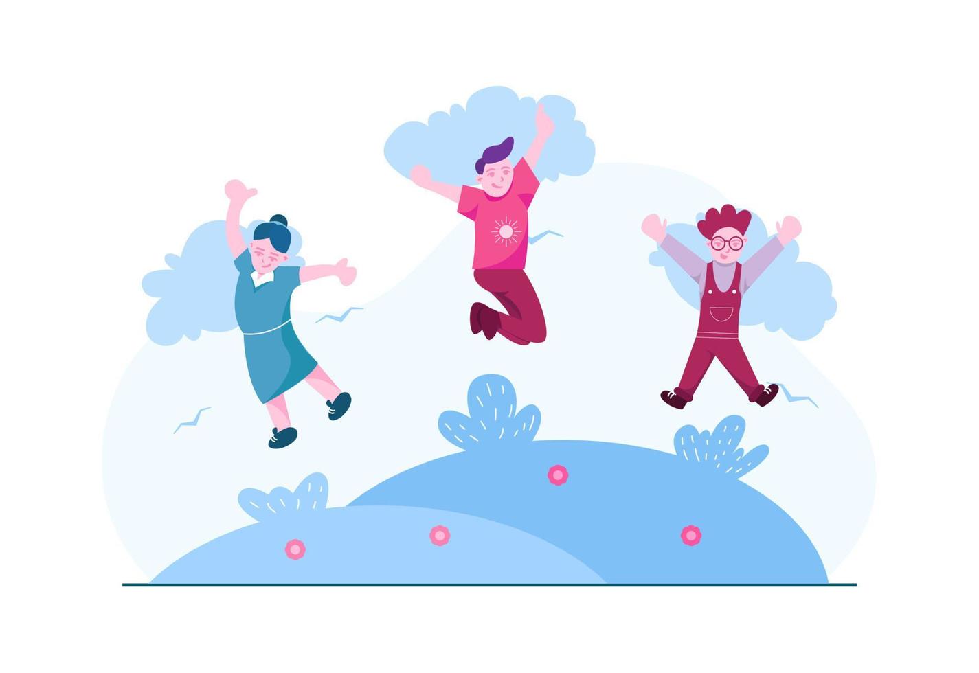 tres niños felices saltando en el prado de verano diseño de ilustración plana conceptual vector