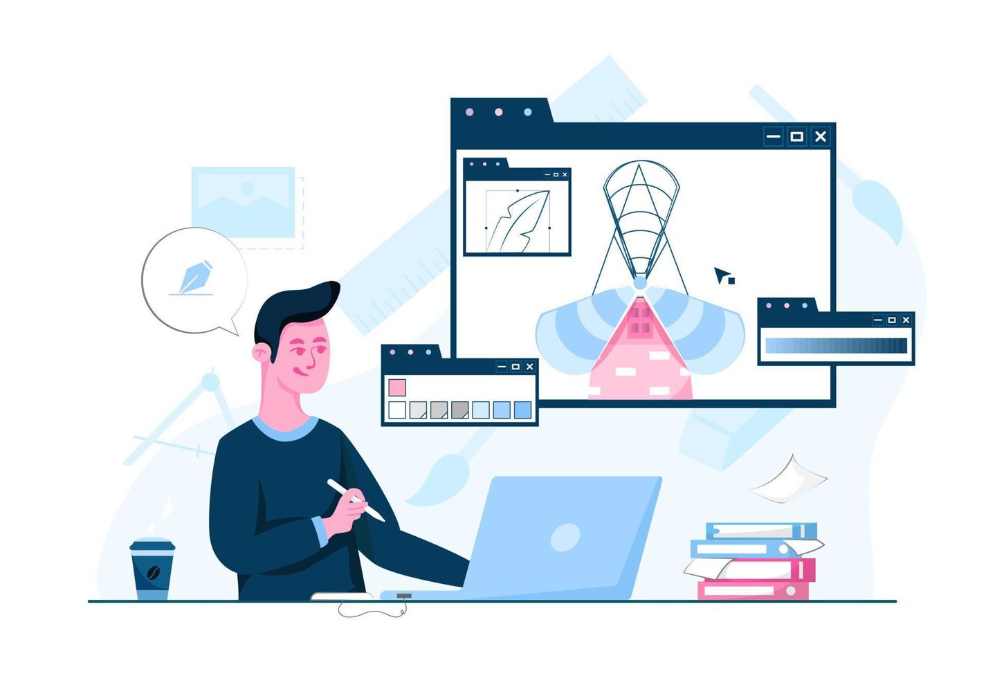 Graphic Designer Working on Illustration Conceptual Flat Illustration Design vector
