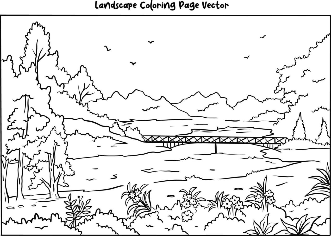 a beautiful view of rural area coloring page vector