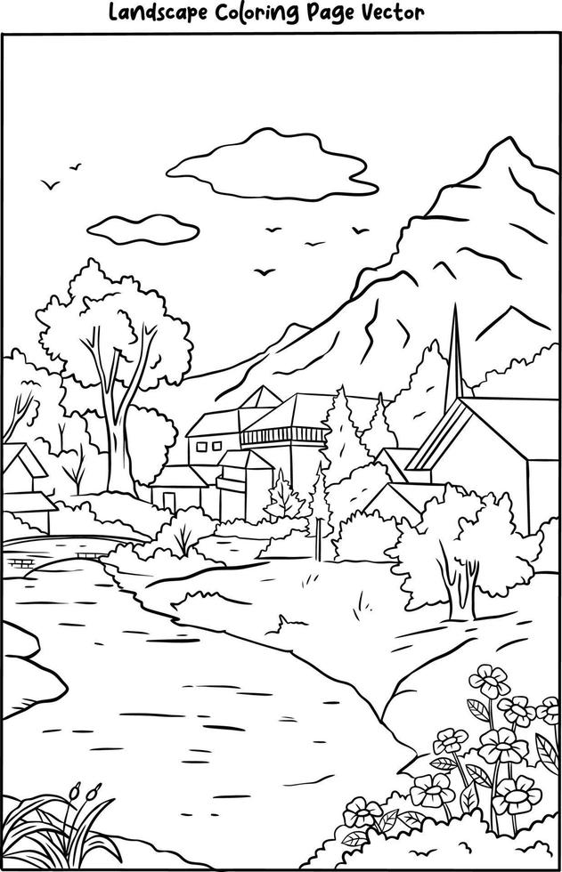 a beautiful view of rural area coloring page vector