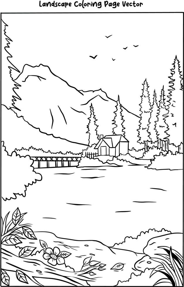 a beautiful view of rural area coloring page vector