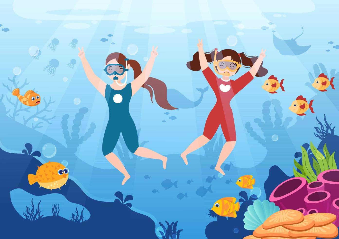 niños buceando con natación submarina explorando el mar, arrecifes de coral o peces en el océano en ilustraciones planas de vectores de dibujos animados