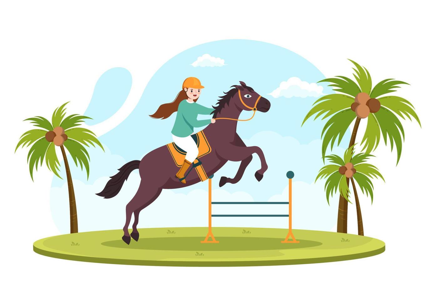 ilustración de dibujos animados de equitación con un personaje de gente linda practicando paseos a caballo o deportes ecuestres en el campo verde vector