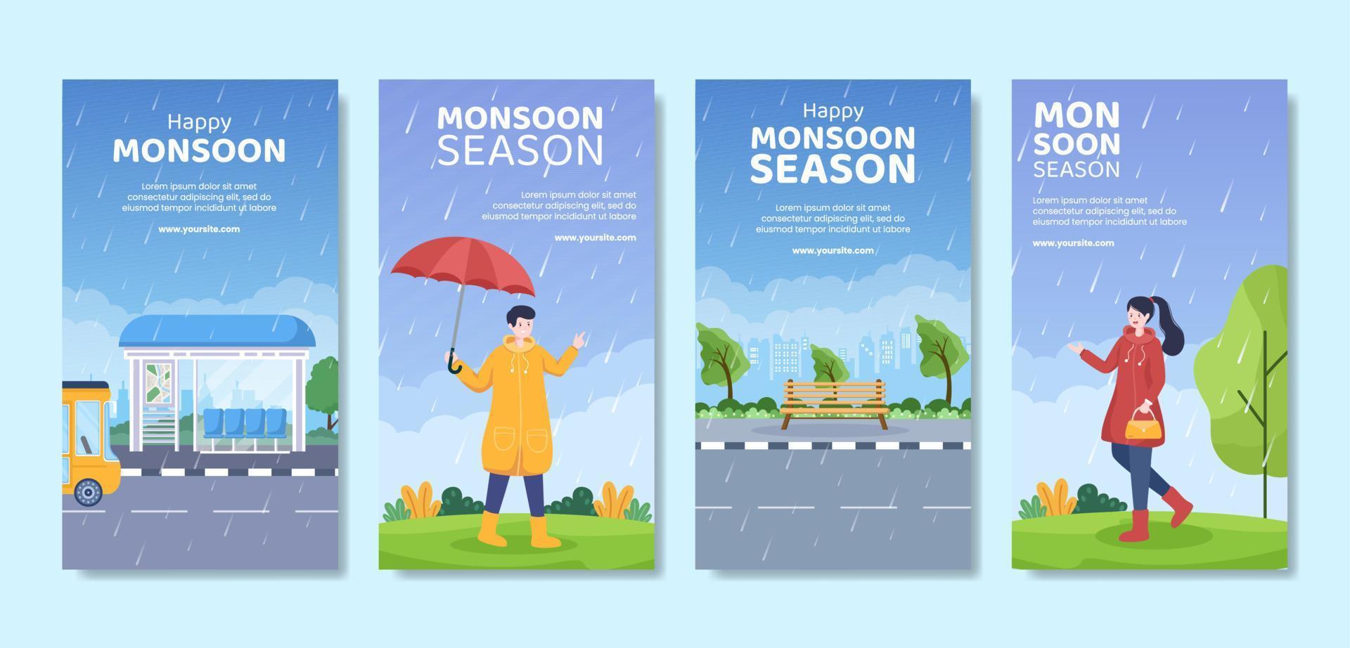 Monsoon Season Social Media Stories Template Flat Cartoon Background Vector Illustration