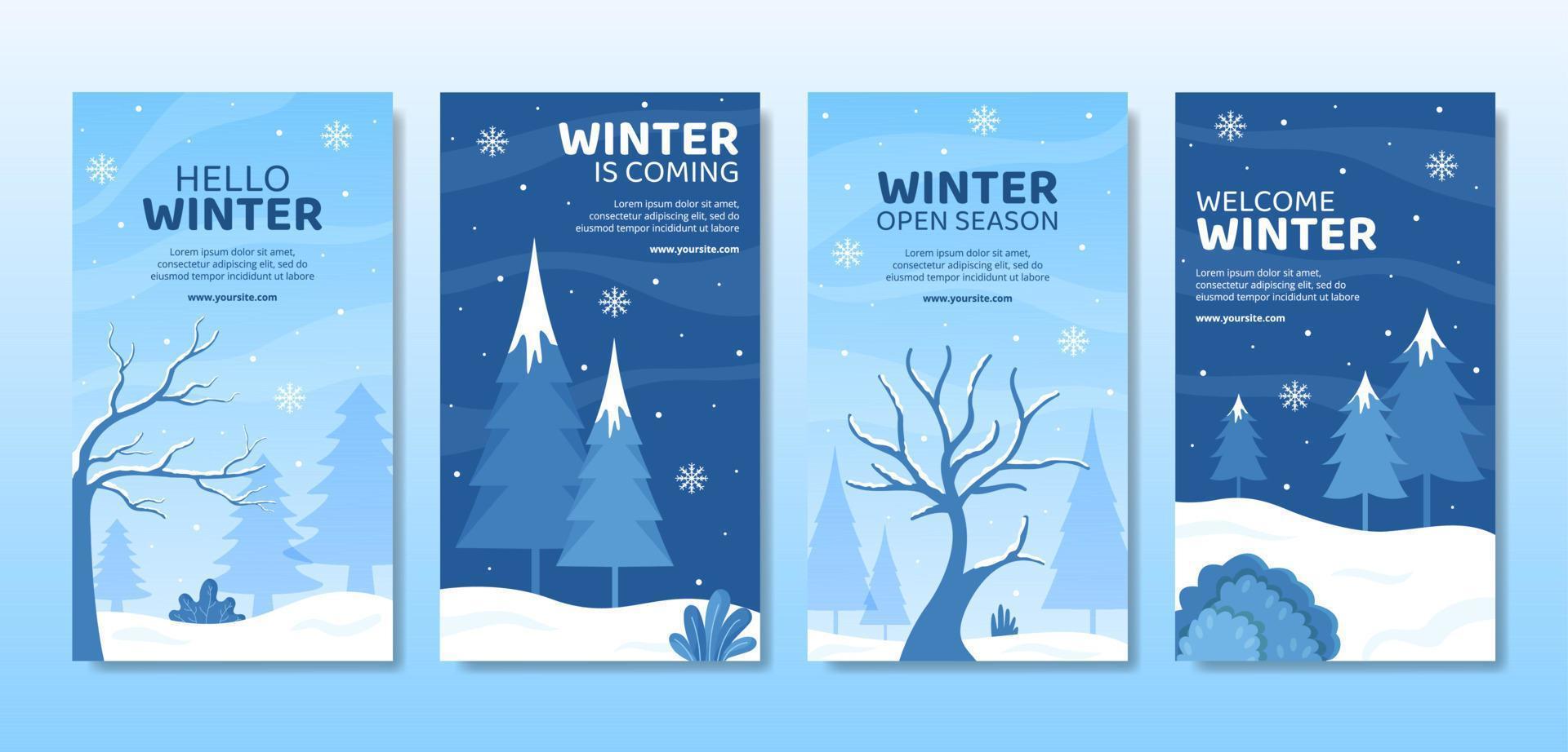 Hello Winter Social Media Stories Template Flat Cartoon Background Vector Illustration