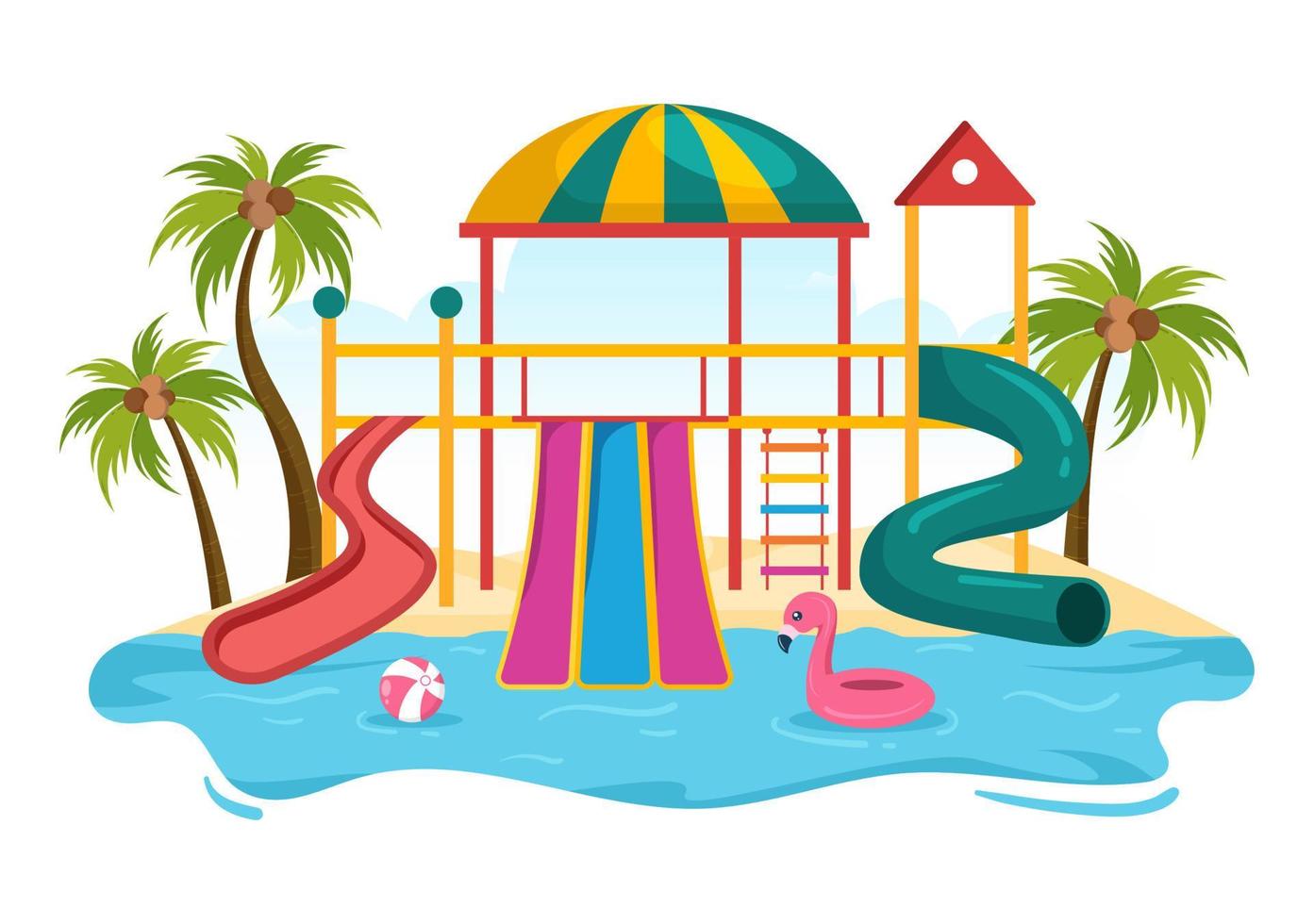 parque acuático con piscina, diversión, tobogán, palmeras para recreación y parque infantil al aire libre en dibujos animados planos vector