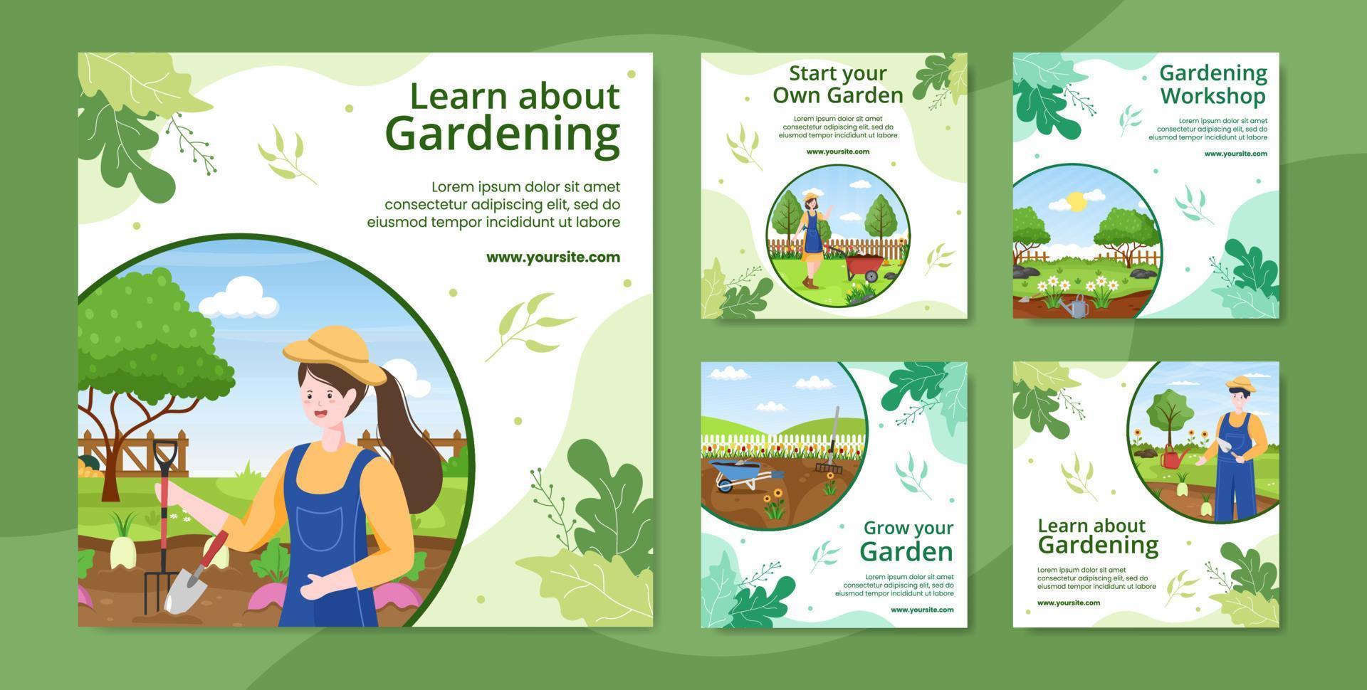 Gardening Social Media Post Template Flat Cartoon Background Vector Illustration