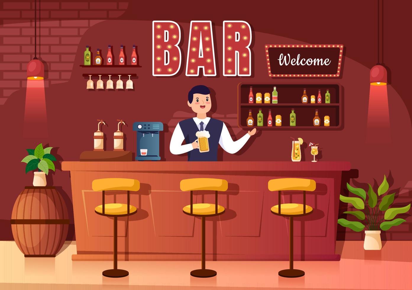 bar o pub por la noche con botellas de bebidas alcohólicas, barman, mesa, interior y sillas en una habitación interior con ilustraciones planas de dibujos animados vector