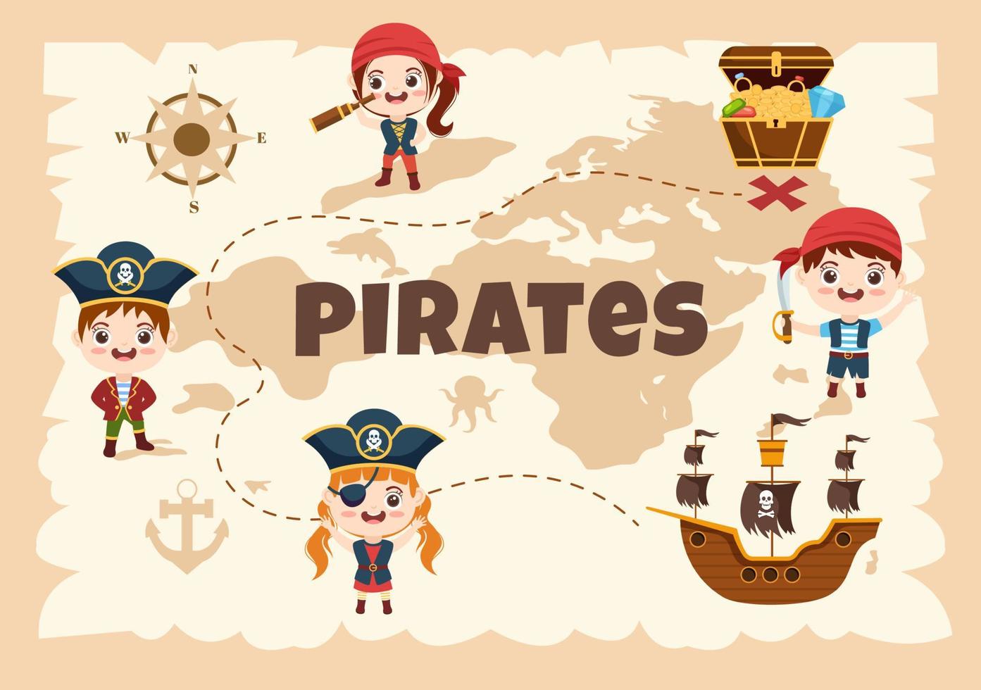 ilustración de personaje de caricatura pirata con mapa del tesoro, rueda de madera, cofres, loro, pirata, barco, bandera y jolly roger en estilo de icono plano vector