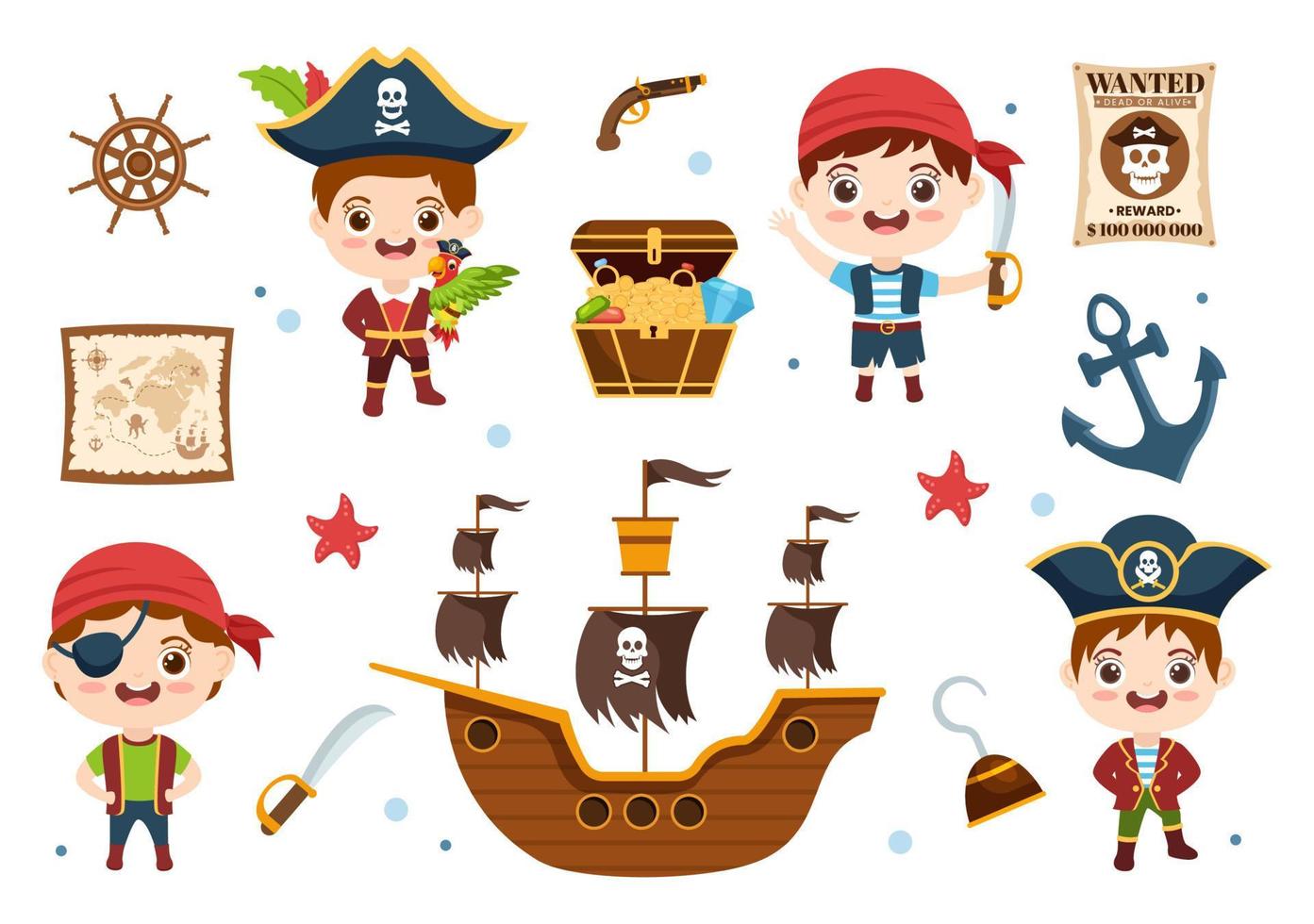 ilustración de personaje de caricatura pirata con mapa del tesoro, rueda de madera, cofres, loro, pirata, barco, bandera y jolly roger en estilo de icono plano vector