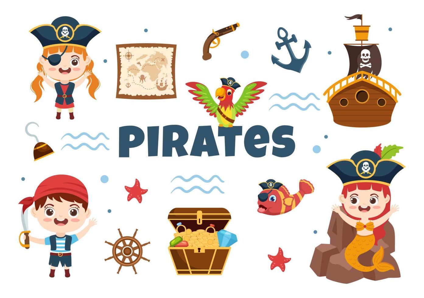 ilustración de personaje de caricatura pirata con mapa del tesoro, rueda de madera, cofres, loro, pirata, barco, bandera y jolly roger en estilo de icono plano vector