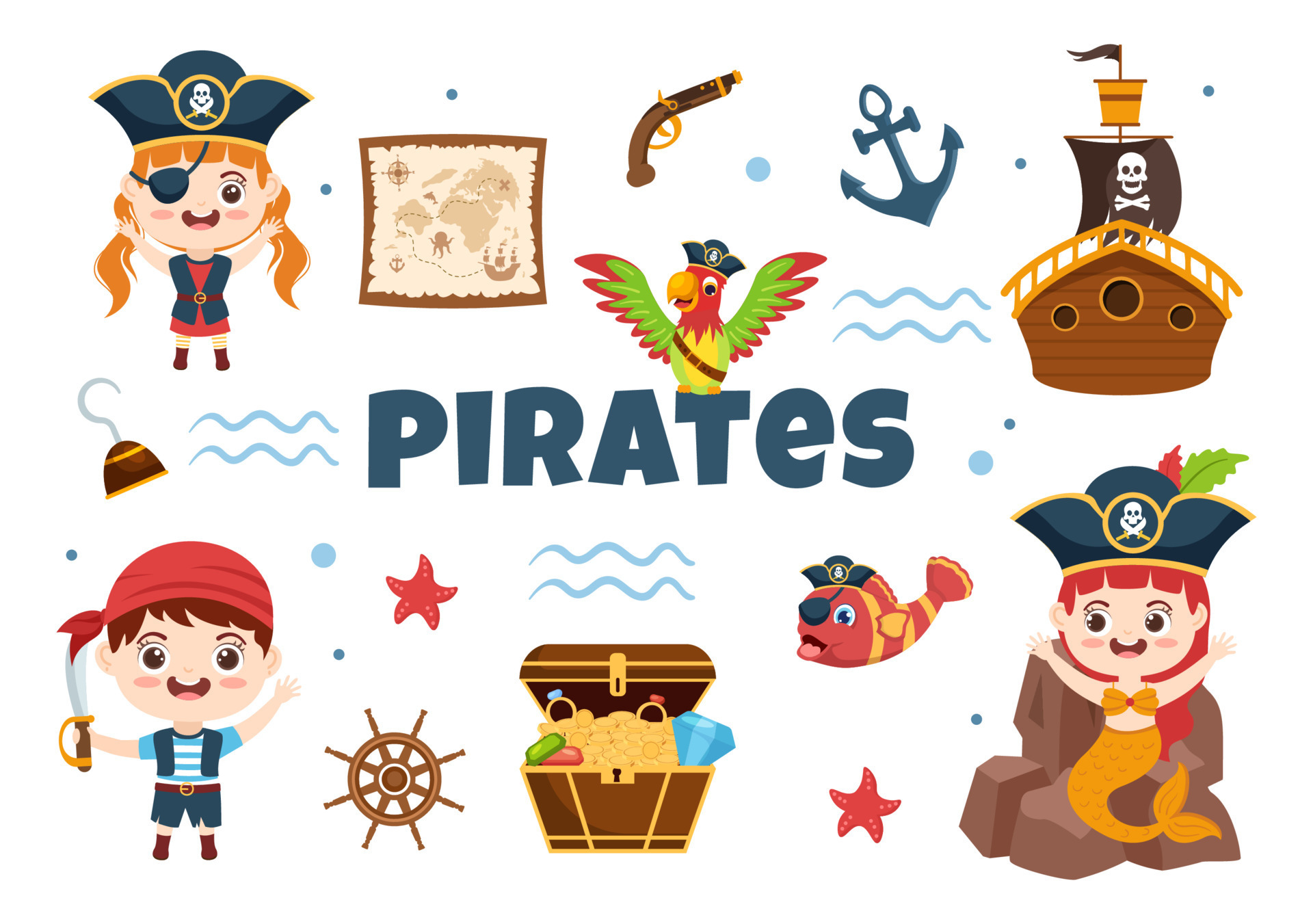 Pirate Cartoon Character Illustration with Treasure Map, Wooden Wheel,  Chests, Parrot, Pirate, Ship, Flag and Jolly Roger in Flat Icon Style  9248902 Vector Art at Vecteezy