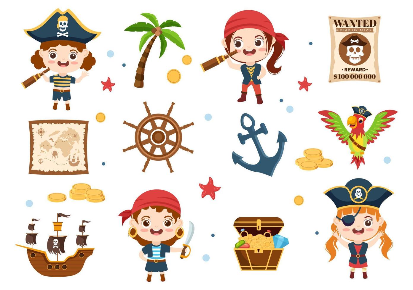 ilustración de personaje de caricatura pirata con mapa del tesoro, rueda de madera, cofres, loro, pirata, barco, bandera y jolly roger en estilo de icono plano vector