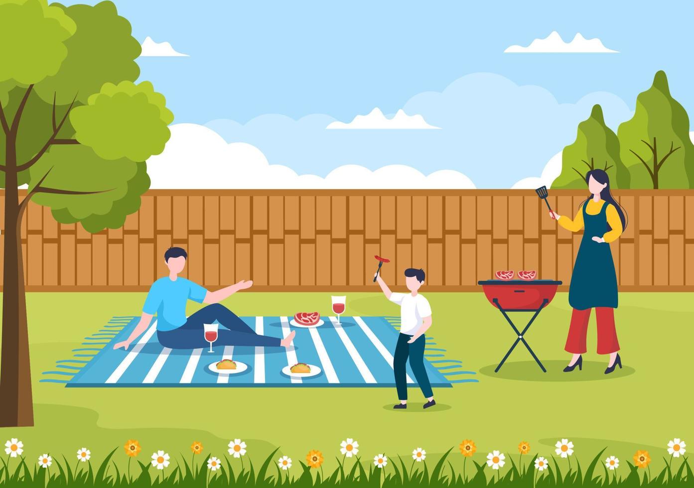 BBQ or Barbecue with Steaks on Grill, Plates, Sausage, Chicken, Vegetables and People on Picnic or Party in the Park in Flat Cartoon Illustration vector