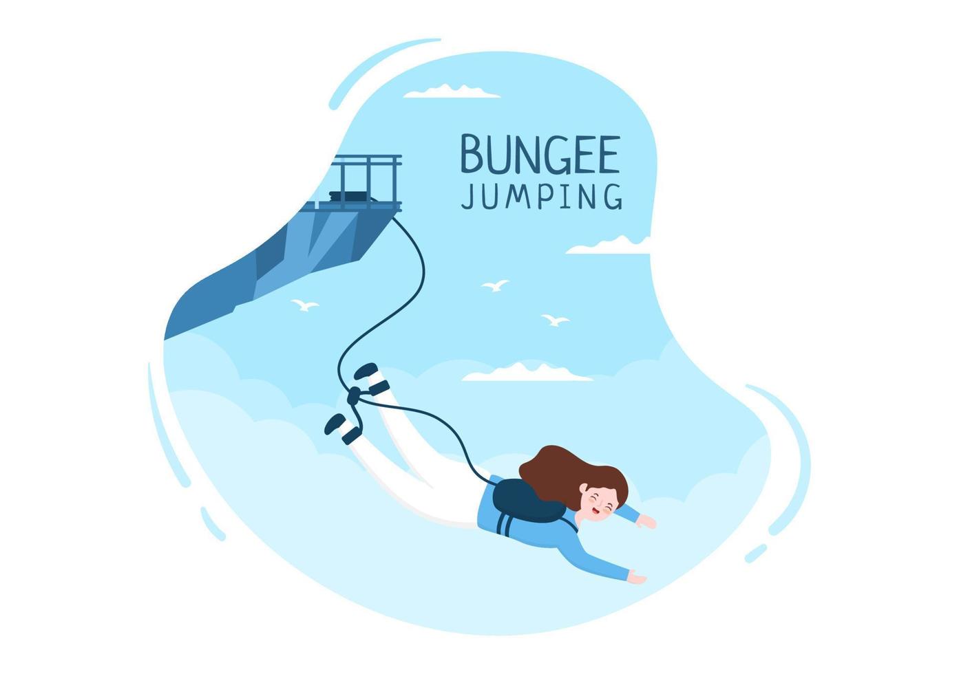 Bungee Jumping of People Tied with Elastic Rope Falling Down After Jump From a Height in Flat Cartoon Extreme Sport Vector Illustration