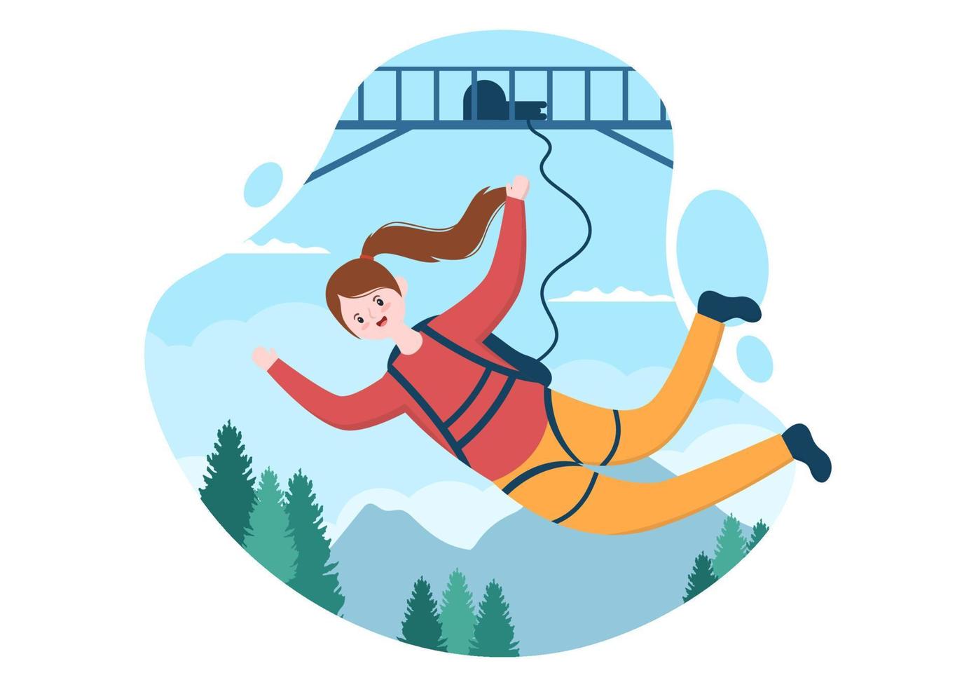 Bungee Jumping of People Tied with Elastic Rope Falling Down After Jump From a Height in Flat Cartoon Extreme Sport Vector Illustration