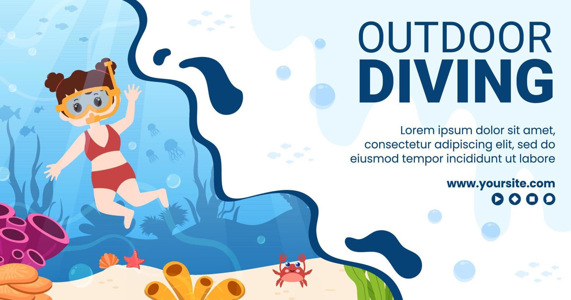 Diving Social Media Post Template Flat Cartoon Background Vector Illustration