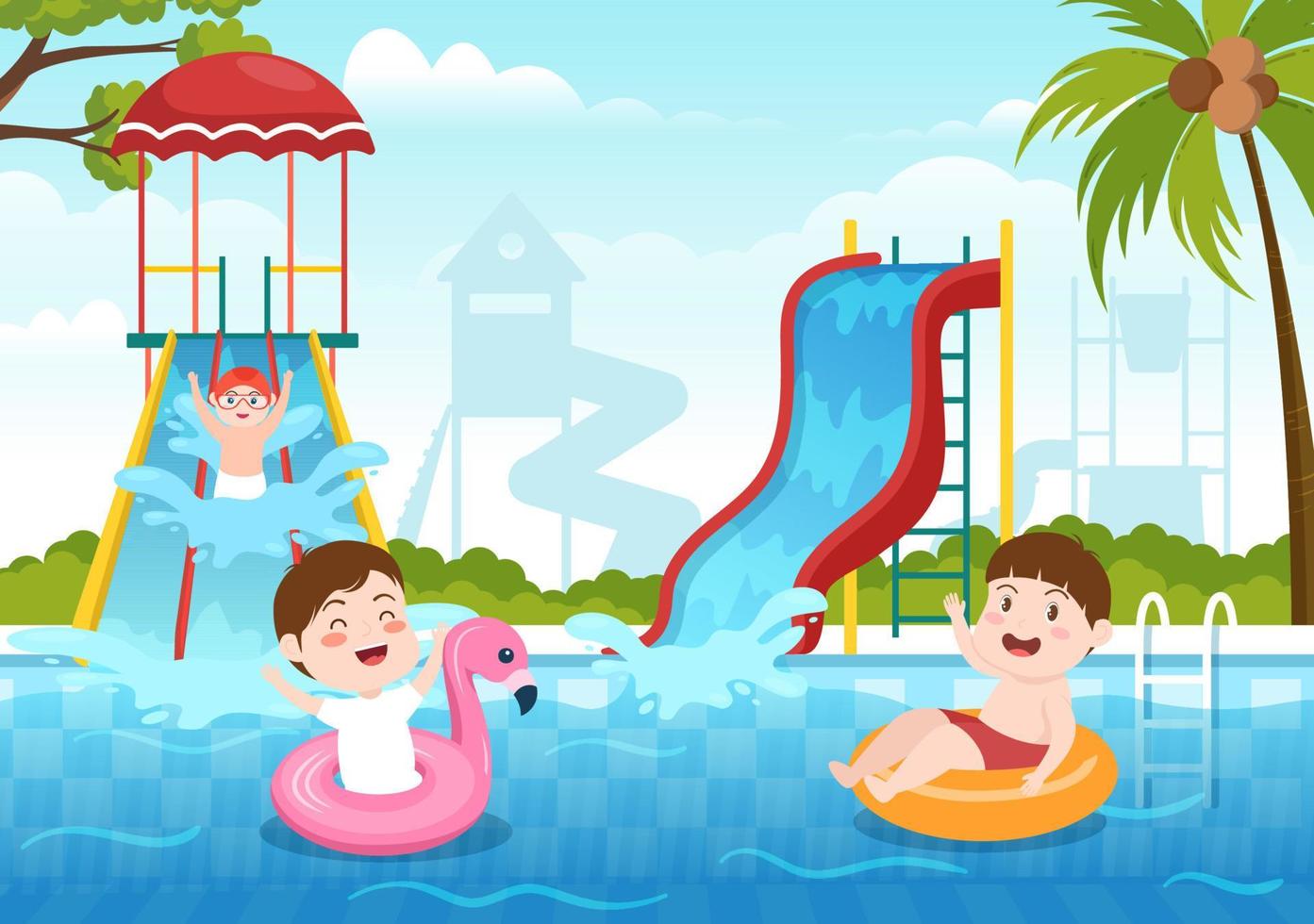 parque acuático con piscina, diversión, tobogán, palmeras y los niños nadan para divertirse y jugar al aire libre en dibujos animados planos vector