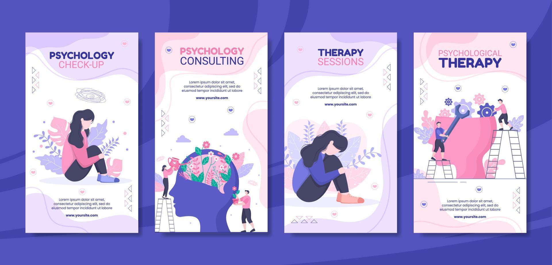 Psychology Social Media Stories Template Flat Cartoon Background Vector Illustration