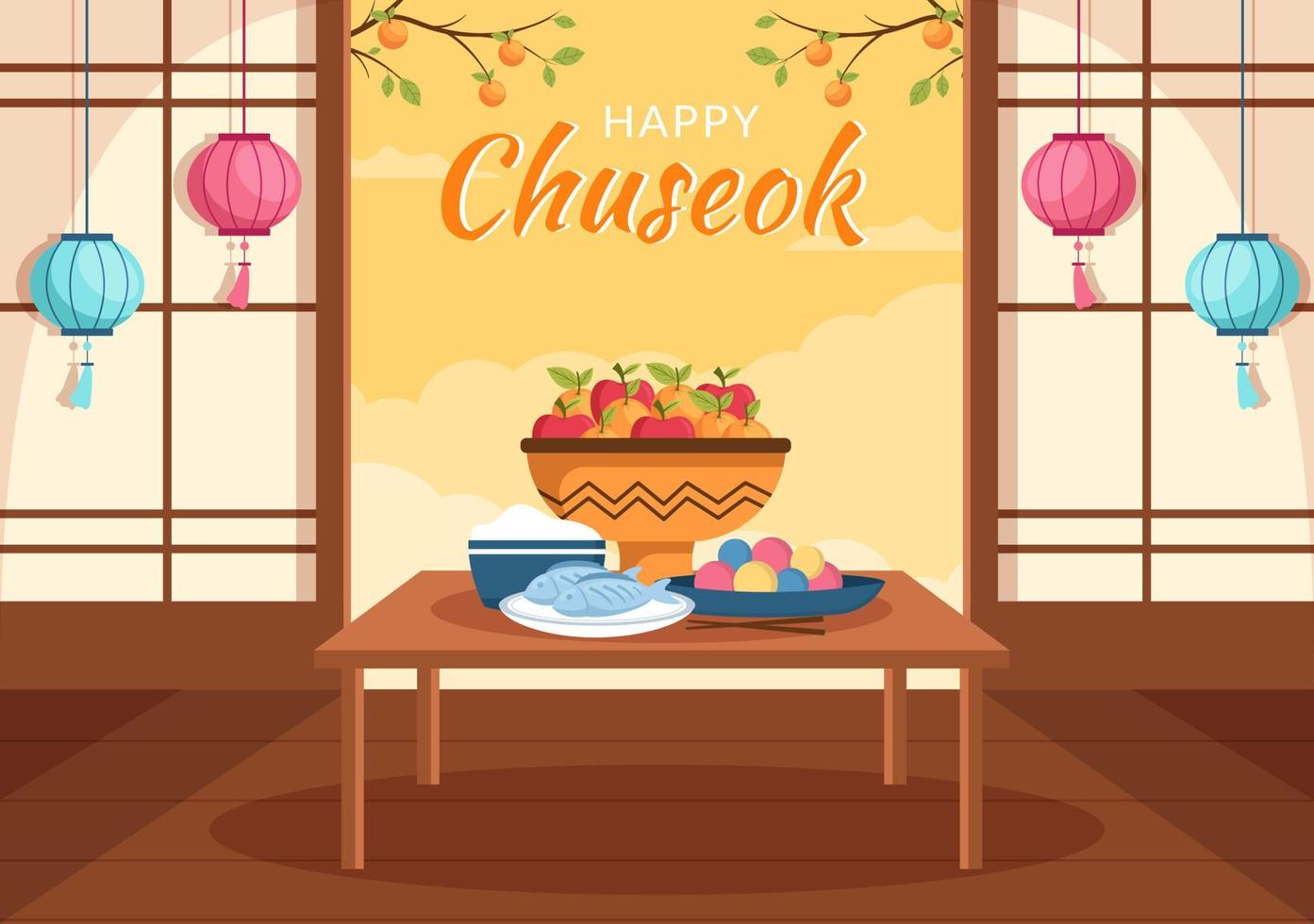 Happy Chuseok Day in Korea for Thanksgiving with Calligraphy Text, Full Moon and Sky Landscape in Flat Cartoon Illustration vector