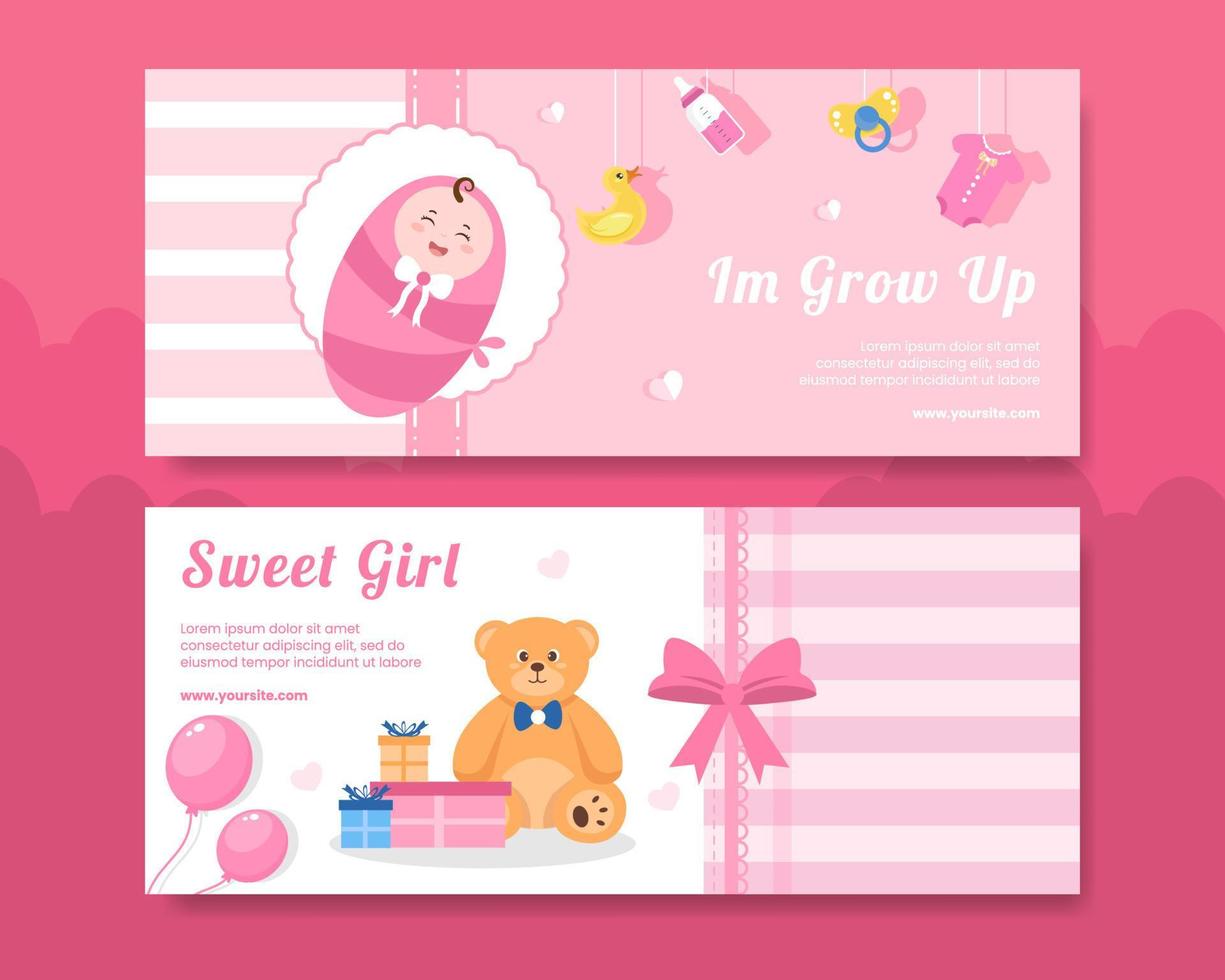 Baby Shower Little Girl Banner Template Flat Cartoon Background Vector Illustration