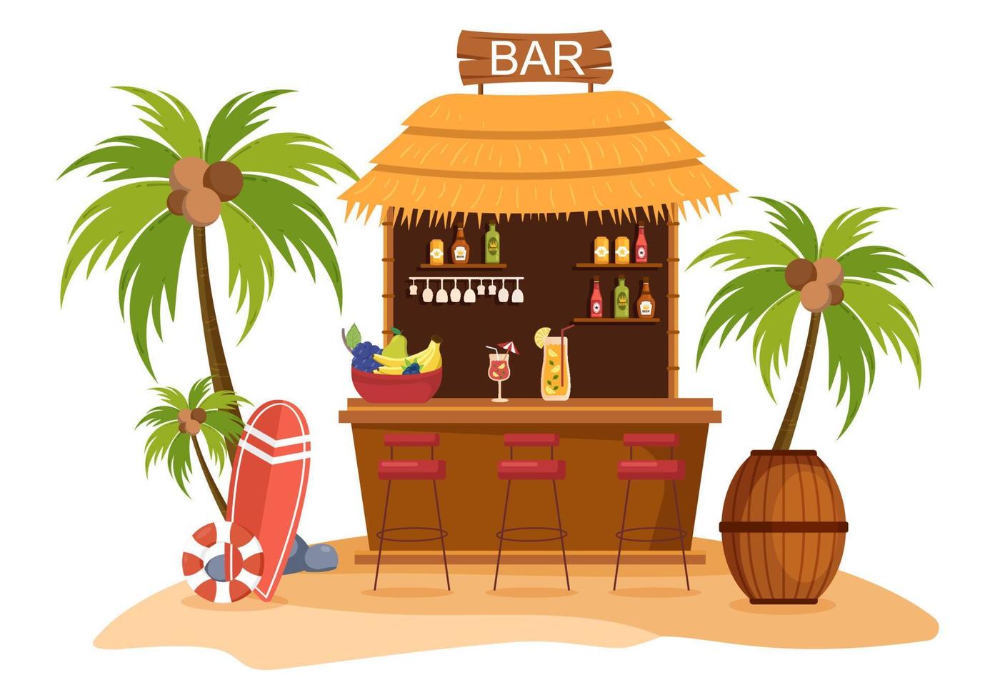 bar tropical o pub en la playa con botellas de bebidas alcohólicas, barman, mesa, interior y sillas junto al mar en una caricatura plana vector